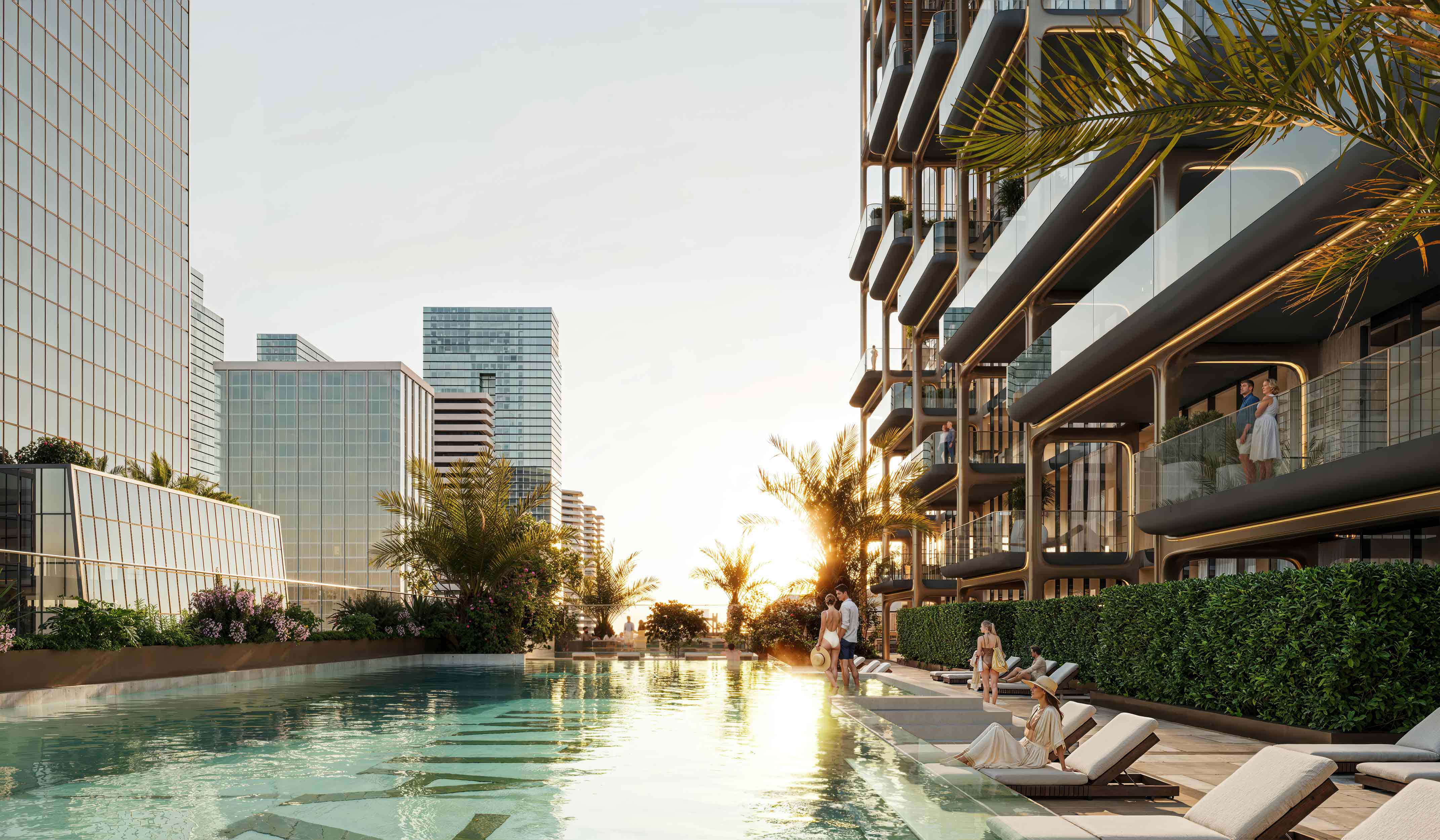 The Symphony By Imtiaz A luxurious pool area surrounded by modern buildings, palm trees, and people enjoying the sunset ambiance.